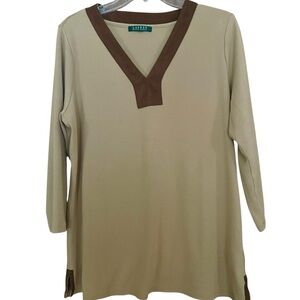 Lauren Ralph Lauren Women's Tan & Brown V-Neck Top Sz 1X